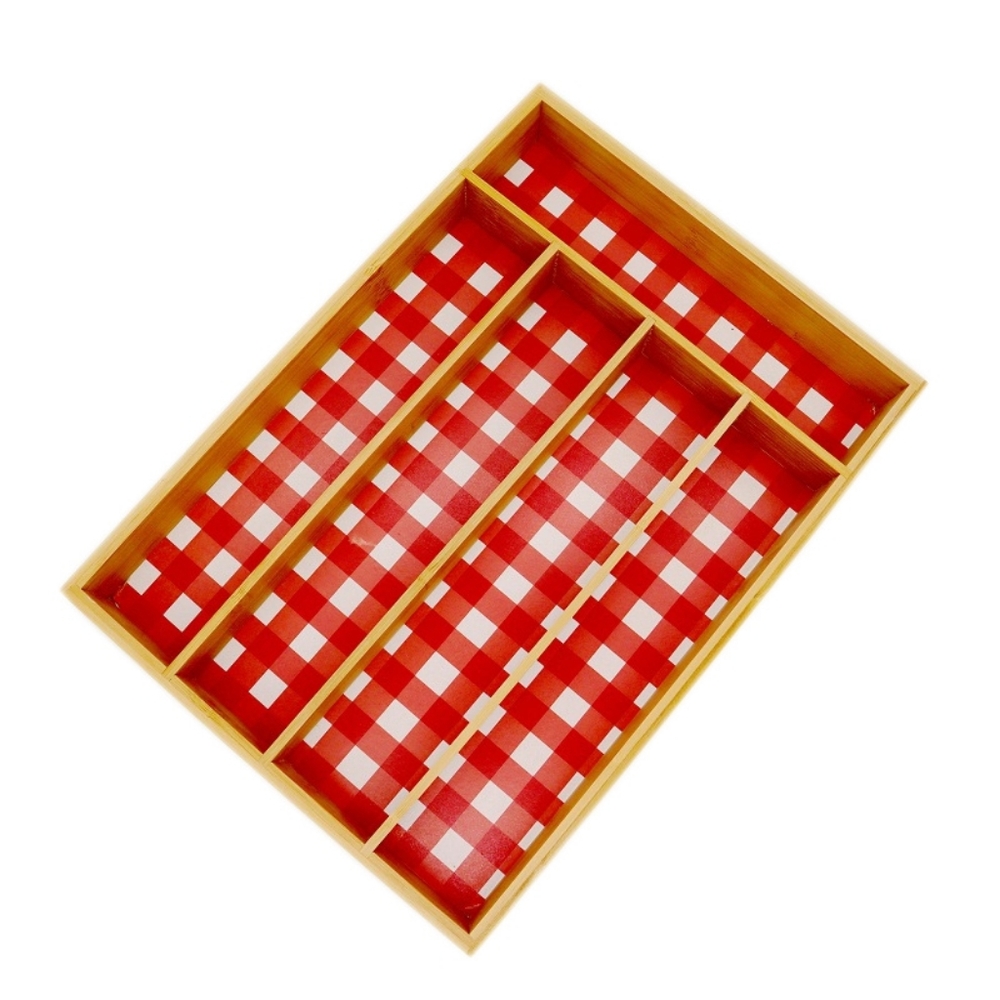 NEW Gingham Print Bamboo Silverware Drawer Organizer Tray 5 Compartment
